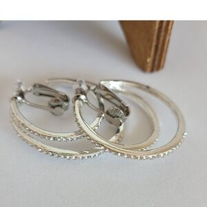 Silver Hoop Clip On / Stud Earrings Rhinestone Paved‎ Non Pierced Women